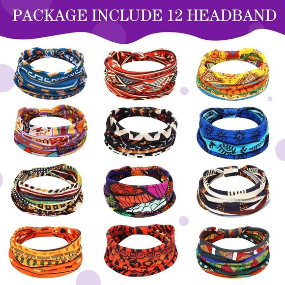 12 Pcs African Headbands Women Chiffon Wide Hair Wraps for Yoga & Sports